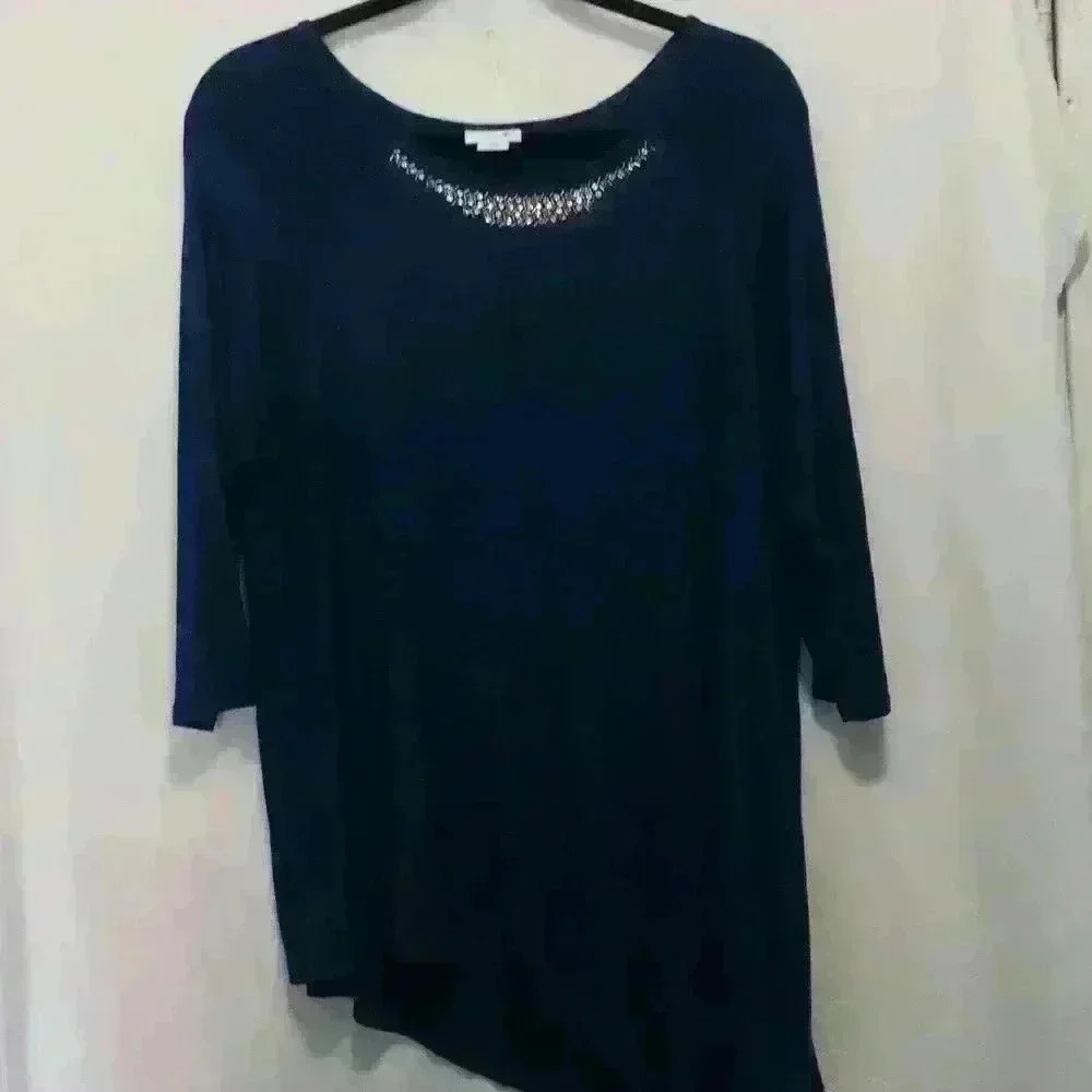 Jacqueline Smith asymmetrical Emerald blue size medium Tunic Top rhinestone